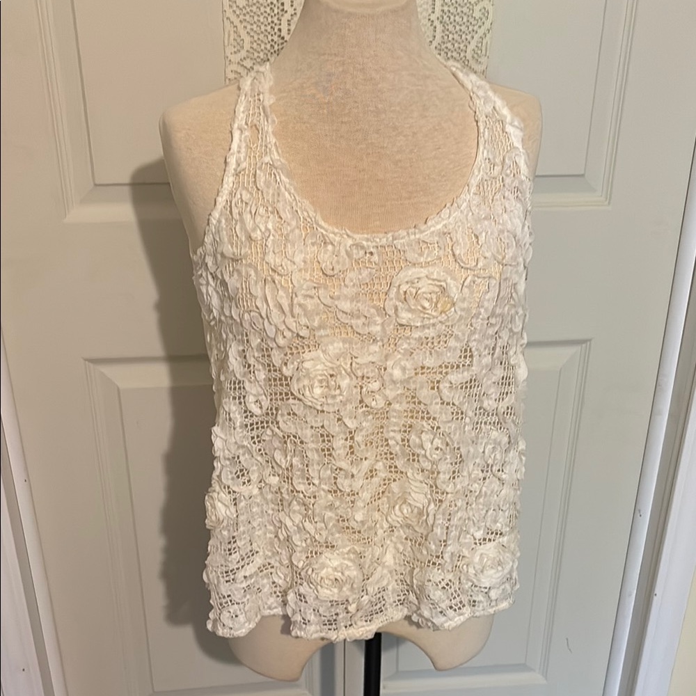 Elegant Lace Floral Women’s Cream Top by “Lily White” Sz M